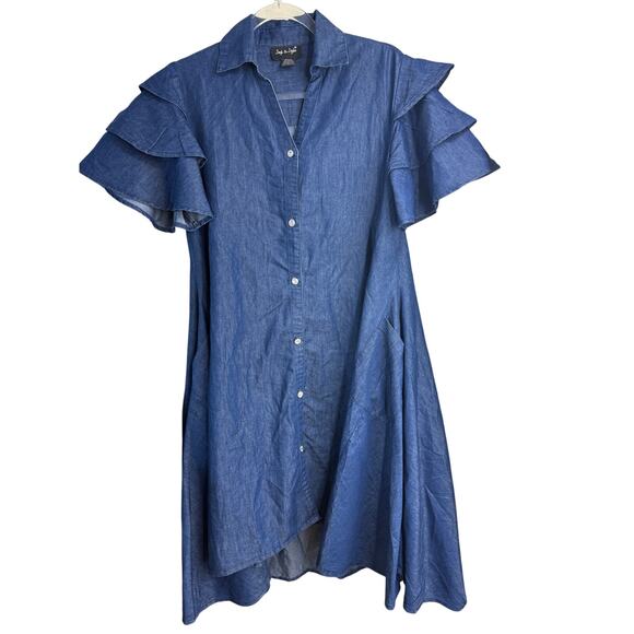 Step in Style Dresses & Skirts - STEP IN STYLE Tunic Shirt Dress Size M Chambray Rhinestone Ruffle Swing Rustic